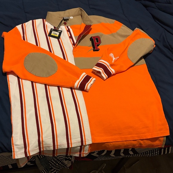 PUMA Freedom Rugby Vibrant Orange Tan White Burgundy Relaxed Fit Shirt $95 NWT M - Picture 11 of 14
